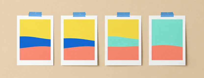 Four photo prints taped to a wall, one for each image format